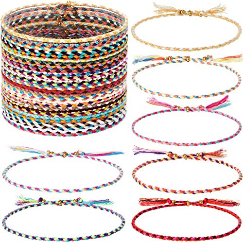 Hicarer 28 Pieces Woven Wrap Friendship Bracelets Handmade Boho Braided Friendship Anklets Adjustable Colorful Beaded String Bracelet