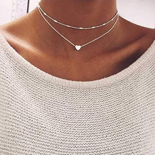 Fashband Collana a Strati Con ciondolo a forma di cuore, stile boho, semplice, a collo corto, da donna (Argento)