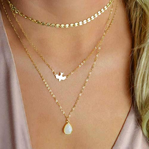 TseenYi Choker-Halskette mit Pailletten, Opal, Boho, mehrlagig, goldfarben, Vogelanhänger, Halskette für Damen und Mädchen, Metall, Opal