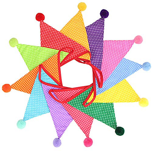 G2PLUS Tupfen Wimpelkette mit Poms: 4M Bunte Stoff Wimpel mit 12 STK Wimpeln, Farbe Punkt Girlande für Geburtstag, Kinderzimmer, Prinzessinnenzimmer, Party