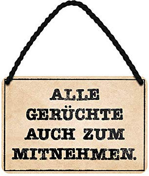 Alle Gerüchte auch zum Mitnehmen - lustiges Hängeschild mit witzigen Spruch - Metallschild mit Kordel und Saugnapf - Wanddeko für Arbeit Büro Betrieb Firma - Geschenk für Nachbarn - 18x12cm