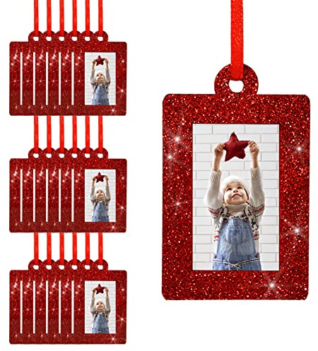 Fassory 20 Pcs Hanging Photo Frame, Felt Glittering Family Tree Picture Holders, Photo Gift Tags, Anniversary Decoration Photo Baubles, Birthday Party Supplies (Red Vertical Rectangle)