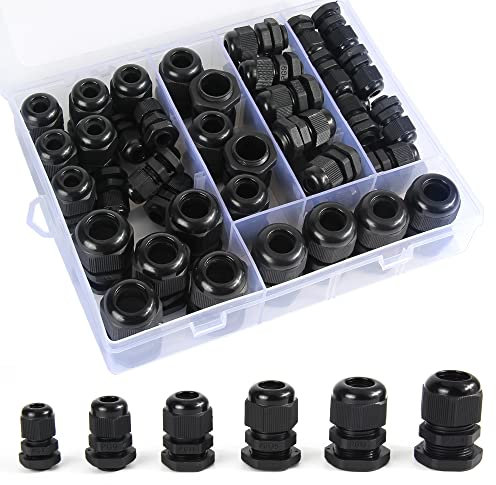 50 Stück Verstellbare Wasserdichte Kabelverschraubung Set, einstellbare 3-16 mm Kabelanschlüsse PG7 PG9 PG11 PG13.5 PG16 PG19,IP68 Kabelverschraubungen Schwarz mit Gegenmutter Kunststoff