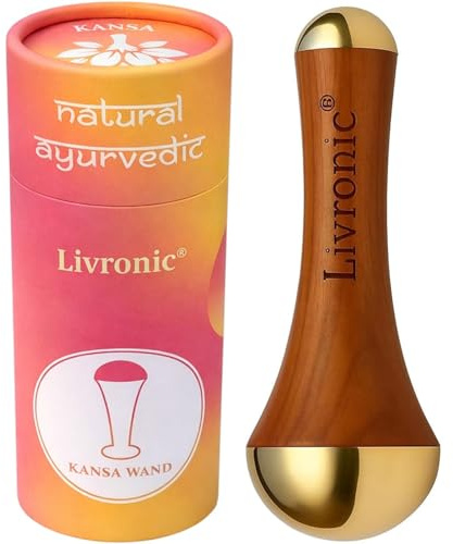 Livronic® Premium Bronze Kansa Zauberstab | 2-in-1 ayurvedisches Gesichts- und Fußmassagegerät | Teakholzgriff zur Entgiftung, Entspannung und Reduzierung von Schwellungen, Ganzkörpermassage