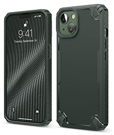 elago Armor Case Kompatibel mit iPhone 13 Hülle (6,1), Heavy-Duty Schutzhülle, Hochwertiges TPU, Karbonfaser-Textur, Robustes Design, Ganzkörperschutz, Stoßfeste Bumper-Abdeckung (Dunkelgrün)