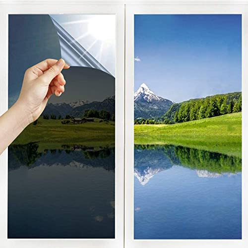 Film Miroir Fenêtre sans Tain Anti Chaleur Anti-Regard Contrôle de la Température Protection de la Vie Privée Film Adhésif Réfléchissant pour Fenêtre Maison Bureau Magasin (40 * 200cm, Noir-Argent)