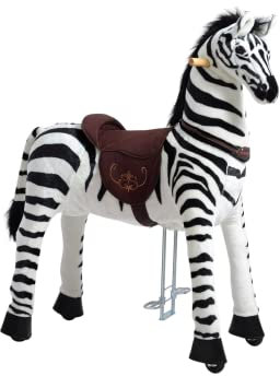 PONNIE Reitpferd mit Rollen Dixi Zebra XL (9-99 Jahre), Spielpferd zum Reiten mit Abnehmbarer Braun Sattel und Halfter mit Zaumzeugund Kämmbare Mähne und Schwanz, Plüschpferd zum Reiten für Kinder PRO