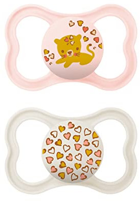 MAM Air Silikon Schnuller im 2er-Set, extra leichtes und luftiges Schilddesign, zahnfreundlicher Baby Schnuller aus speziellem MAM SkinSoft Silikon mit Schnullerbox, 16+ Monate, Katze/Herzen