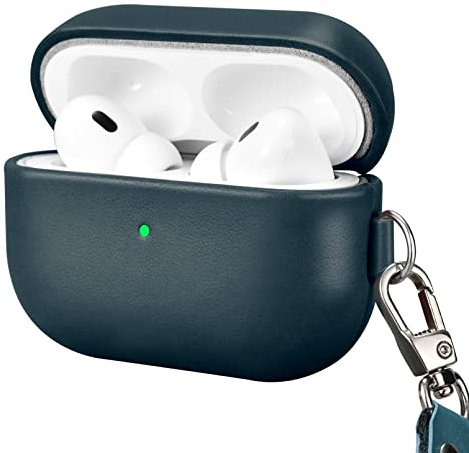 Leder Hülle für AirPods Pro 2 2022, ICARERFAMILY Premium Echtleder Stoßfeste Schutzhülle für AirPods Pro 2 Kopfhörer Ladetasche mit Loch (LED sichtbar) Unterstützung Wireless Ladegerät-Blau