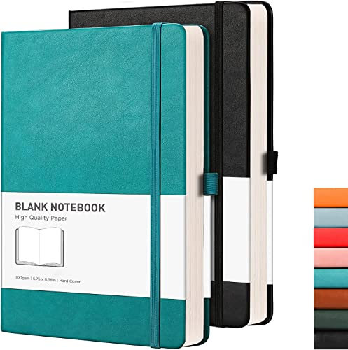 RETTACY Blank Notebook A5 Plain Notebook 2 Pack - 384 Pages Unlined Notebook with 100gsm Blank Paper, Pen Holder, Inner Pocket, for Sketch Office School Work Women Men Work 14.5 x 21cm - Cyan