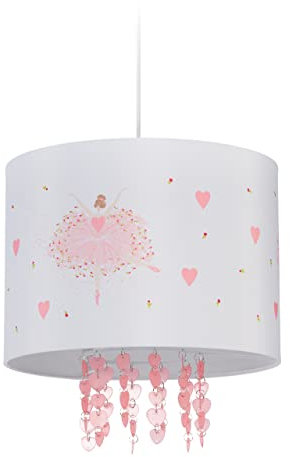 Relaxdays Hängelampe Kinderzimmer, Lampenschirm mit Ballerina, HxD: 158 x 35 cm, Pendelleuchte für Kinder, weiß/rosa