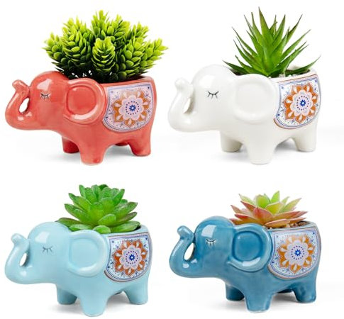 YINUOWEI Elephant Planter Cartoon Succulent Pots with Drainage 5.31 Inch Animal Planter Cute Plant Pots Succulent Planter Container Ceramic Flower Pots Perfect for Home Decor and Gifts, Set of 4