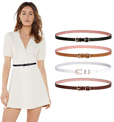 LEACOOLKEY 4 Stück dünne Ledergürtel für Frauen Kleid Skinny Taille Gürtel mit Goldschnalle für Jeans