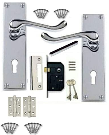 Golden Grace Victorian Scroll Polished Chrome Lever Lock Door Handles +3 Lever Lock Set with 1 Pair of 3 Ball Bearing Hinges