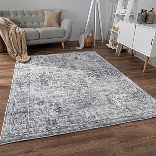 Paco Home Teppich Wohnzimmer Schlafzimmer Kurzflor rutschfest Weich Vintage Orientalisch Mandala Modern Bordüre Ornament, Grösse:60x100 cm, Farbe:Grau