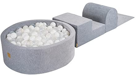 MEOWBABY Spielplatz aus Schaumstoff mit Rund Bällebad 90x30cm/200 Bälle für Kinder - Baby Softbausteine, Samt, Hellgrau: Weiß/Transparent