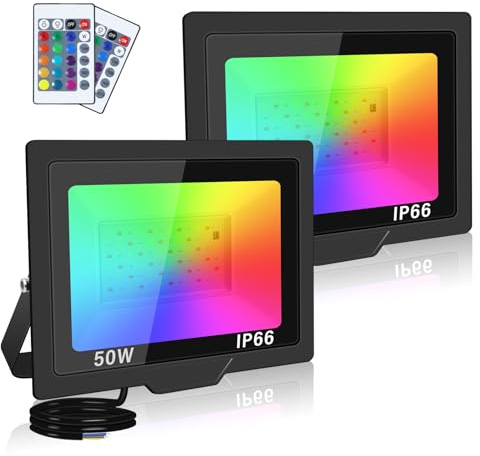 SKYWORLD Projecteur LED Couleur 2 pièces,50W Projecteur RGB Exterieur avec 4 Modes Fonction Mémoire & Télécommande RGBW Lumière de Projecteur Etanche IP66 pour Patio Garage Jardin Terrasse Usine