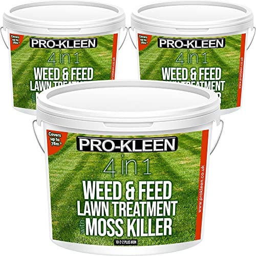 Pro-Kleen 4 in 1 Weed and Feed Lawn Treatment with Moss Killer - Greens Grass, Kills Weeds & Moss & Fertilises Grass - Apply from May-August - Covers up to 234m2 - (3 x 2.5kg)
