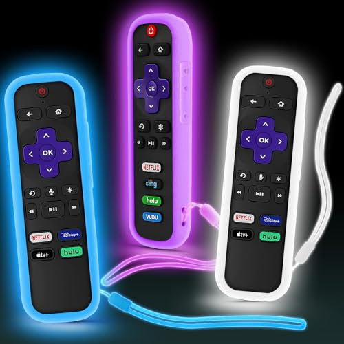 SOTATOO (3 Pack) Case for Roku Remote, Cover for Hisense/TCL Roku TV Steaming Stick/Express, Silicone Universal Protective Controller Sleeve Skin Glow in The Dark White Blue Purple with Lanyards