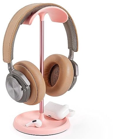 QinCoon HS0007 Headphone Stand, Curved Headset Stand with Storage Tray, Heavy Base Gaming Headset Holder for AirPods Max, AirPods, AirPods Pro, Beats, Bose, Sennheiser, Sony and More (Pink)