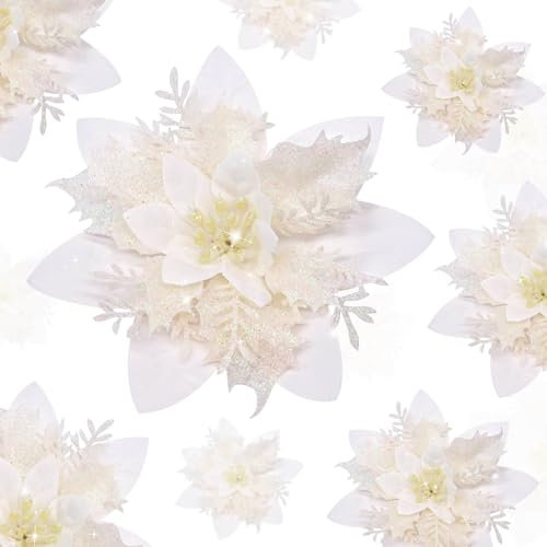 YSUVIN Flores de Navidad para Decorar, 10 Pcs Blanco Árbol de Navidad Decoraciones Glitter Flor, Flores Artificiales de Navidad con 10 Pcs Clip para Navidad Boda Fiesta de Año Nuevo (14cm)