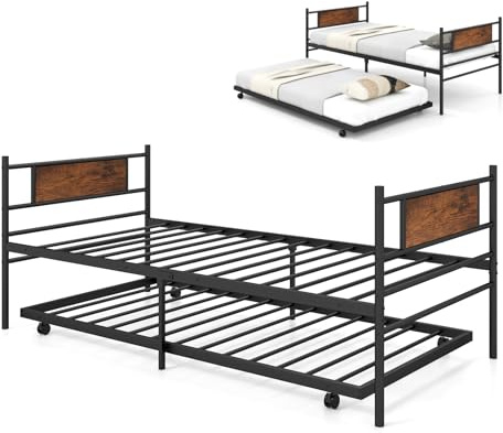 Multigot 2 in 1 Single Bed Frame, 3FT Pull-out Day Bed with Trundle Bed, Industrial Metal Frame Bed Base for Adults Kids, No Box Spring Needed