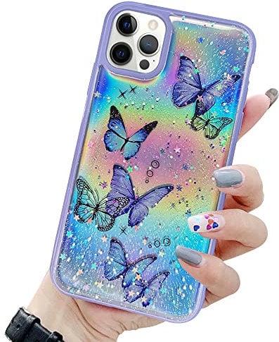 LCHULLE for iPhone 15 Pro Max Case Cute Girls Women Laser Butterfly Pattern Cover Bling Glitter Stars Silicone Protective Phone Case for iPhone 15 Pro Max 6.7-Inch