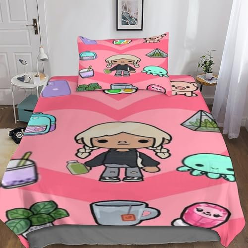 VOLDAX Toca Boca Welt Betten Set Kinder 3D Spiele Bettbezug Set Gedruckt Bettwäsche Set Für Mikrofaser Kinder Jungen Mädchen Weich Haltbar Atmungsaktive Single(135x200cm)