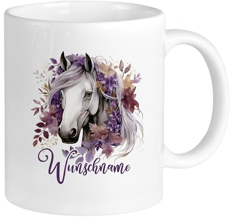 GRAZDesign Tasse Pferd weiß mit Namen personalisiert, Becher für Pferdemädchen als Geschenk, Keramik 330ml