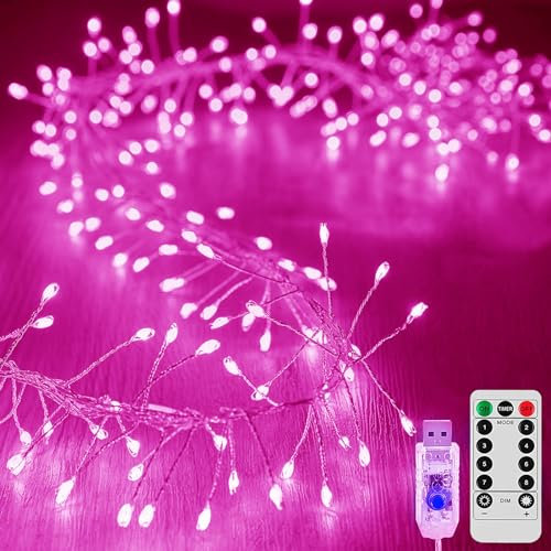 KINGCOO Feuerwerk Lichterkette Außen Innen, 6M 200LED USB Kupferdraht Cluster Lichter 8Modi mit Timer Fernbedienung für DIY Schlafzimmer Weihnachten Hochzeit Party Décor (Rosa)