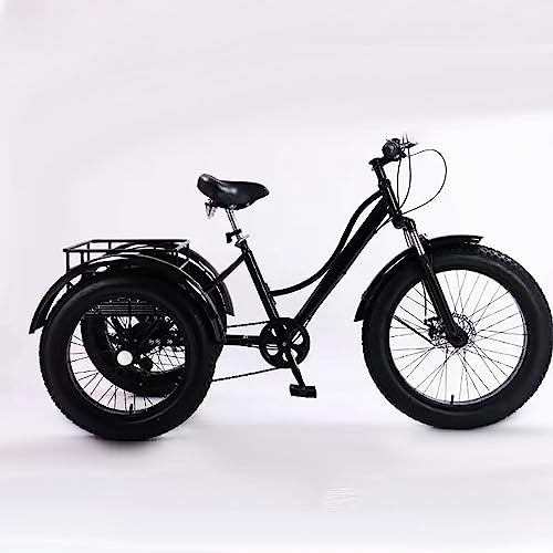 24 inch Adult Tricycle,7 Speed Cruiser Trike, All Terrain Fat Tire 3 Wheel Bikes with Large Basket for Seniors, Women, Men, Adult Trikes for Shopping Picnic Outdoor Sports (Size : Black)