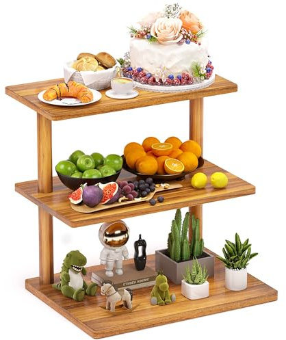HURZMORO 3 Tier Serving Tray and Platters, Wooden 3 Tiered Appetizer Serving Tray, Party Trays and Platters,Coffee Bar Organizer,Wooden Kitchen Counter Shelf,Countertop Station Rack for Kitchen