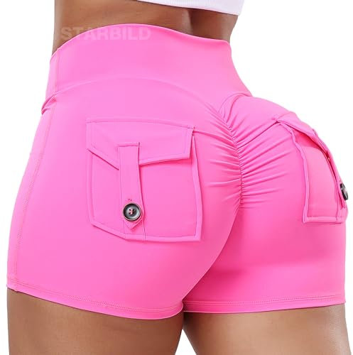 STARBILD Cargo Shorts de Sport Femme Scrunch Butt, Leggings Court Taille Haute Push Up avec Poches pour Gym Fitness Yoga, Cargo - Rose S