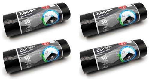 Tradineur - 4 rollos de 15 bolsas de basura, plástico reciclado, resistentes y antigoteo, ecológicas, cierre fácil, aptas para cubos y papeleras (Negro - 30 litros - 55 x 60 cm - Total 60 uds)