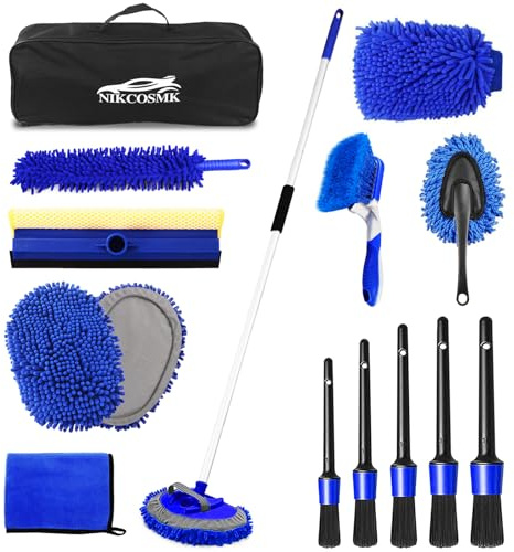 62'' Car Wash Brush Kit Mitt Mop Sponge with Long Handle, 1 Chenille Scratch-Free Replacement Head, Windshield Window Squeegee,Car Duster,Car Detailing Brushes,Tower,Car Cleaning Kit for Cars RV Truck