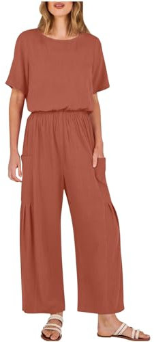 KUIH Jumpsuit for Women UK Cotton Linen Short Sleeve Crew Neck Casual Jumpsuits with Pockets Summer Casual Playsuits All in One Trousers Jumpsuit Athletic Workout Onesie Ladies Overalls Daily Wear