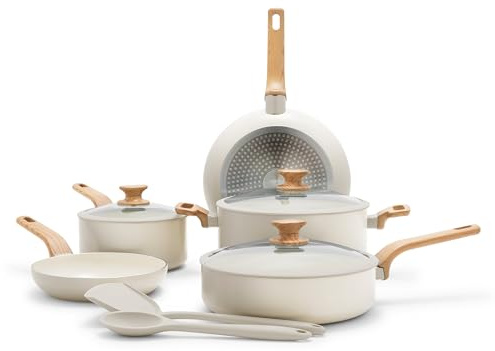 GreenPan Rio Essence Wood 10 Stück Kochgeschirr Töpfe und Pfannen Set, Gesunde Keramik Antihaftbeschichtung, PFOA & PFAS-freie Beschichtung, Induktion, Silikonranddeckel, kühlbleibende