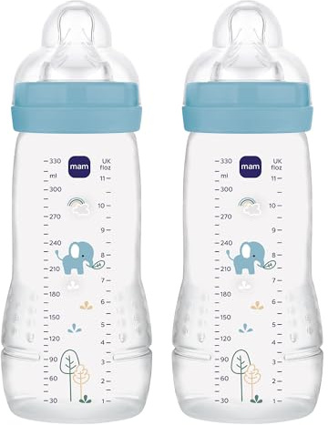 MAM Pack 2 Biberones, a partir de 4 Meses, 330ml, con Tetina 3 de Flujo Rápido de Silicona de Fácil Aceptación, Fácil de Sostener, Fácil de Limpiar, MAM Easy Active, Azul Brillante, Pack de 2uds