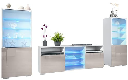 Vladon Wohnwand Granada, Anbauwand bestehend aus 2 Vitrinen und 1 TV-Board, Weiß matt/Sandgrau Hochglanz inkl. LED-Beleuchtung (286 x 122,5 x 35 cm)