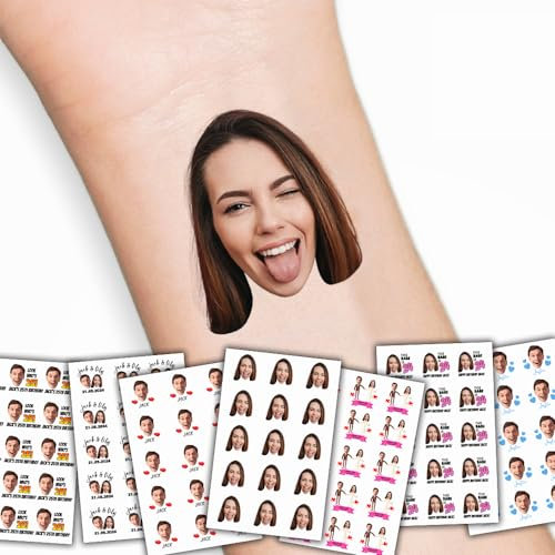 LLLGSH Tatouages Temporaires Personnalisés - Tatouagespersonnalisés avec Visage Photo Nom Logo - Imperméable Tatouage - pour Mariage, Anniversaire, Fête, Cérémonie de Graduation (12 Style)