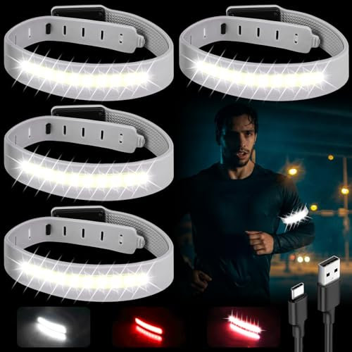 Aicharynic LED Armband USB, 4 Stück COB Leuchtarmband LED Reflective Band Laufarmband Lichtband Kinder Leuchtbänder Reflektorband Licht Sicherheit Licht für Joggen Laufen Running Sports