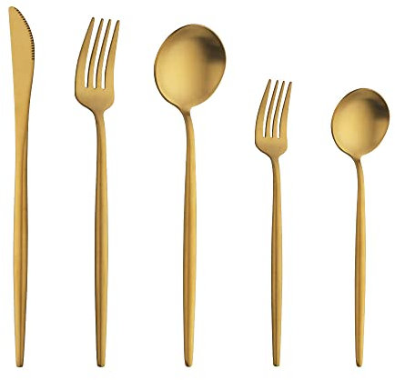 Buyer Star Matte Gold Besteck Set, 5 Stück Edelstahl Besteck Set Gold Matt für Haus Küche Restaurant Parteien, Essbesteck Set Mit Gabeln Löffeln Messern Spülmaschinenfest
