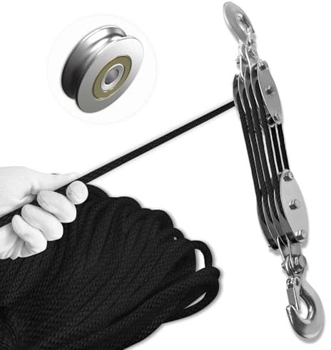 SALIFTFE Block and Tackle Pulley System, Upgraded 4-Wheel Rope Pulley Hoist, 8:1 Lifting Power, 2200LB Work Load with 65Ft of 1/4 Rope, Ultra-Compact Rope Hoist for Garage, Hunting, and Heavy Lifting