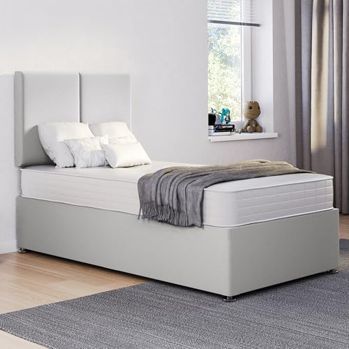 ComfoRest - Modern 3FT Single Divan Bed with Deux Headboard and Mattress | Functional Base for Small Bedrooms | Full Set Included for Daily Use – No Drawers (Silver Plush)