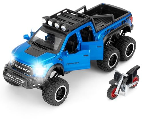 imtfzct 1:28 Ford Raptor F150 Modellauto,Spielzeugmodellauto zum Sammeln, Geschenk für Kinder, Diecat Spielzeugauto mit Sound- und Lichtfunktion und Pullback Funktion(blau)