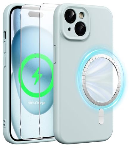 Xiltlly Cover Magnetica in Silicone Liquido per iPhone 15 6,1 Pollici con 2 Pezzi Vetro Temperato, Compatible con MagSafe Magneti Integrati, Custodia Antiurto AntiGraffio per iPhone 15, Blu