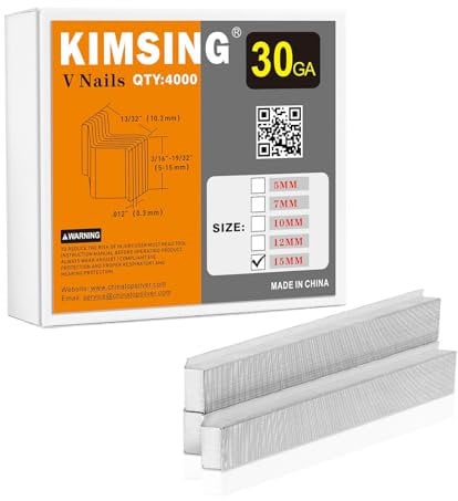 KIMSING Chiodi a V lunghi 15 mm, 4000 pezzi/scatola, chiodi di giunzione in legno duro, per pistola chiodatrice per cornici V1015, falegname per cornici, V-Nailer