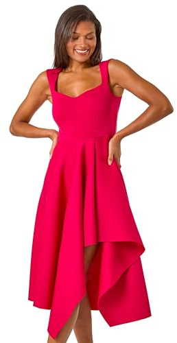 Roman Originals Asymmetric Flared Hem Midi Dress for Women UK - Ladies Everyday Autumn Winter Sweetheart Neckline Comfy Soft Evening Vacation Work Party Night Out - Magenta - Size 12