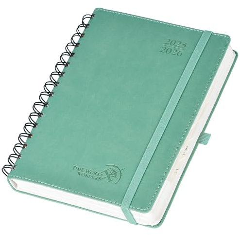POPRUN Agenda 2025 2026 Día Por Página Espiral 21,5 x 14,5 cm, Planner Diaria con Tapa Blanda 12 Meses de Ago.2025 a Jul.2026, Banda Elástica, 80 GSM Papel, Verde Medianoche