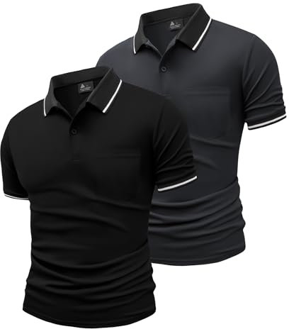JACKETOWN 2er Pack Poloshirts Herren Kurzarm Golf Polo Hemd Männer mit Tasche Schnelltrocknend Atmungsaktives Work Polohemd Herren Sommer Slim Fit Shirt Tennis Basic Tshirt(Schwarz Grau M)